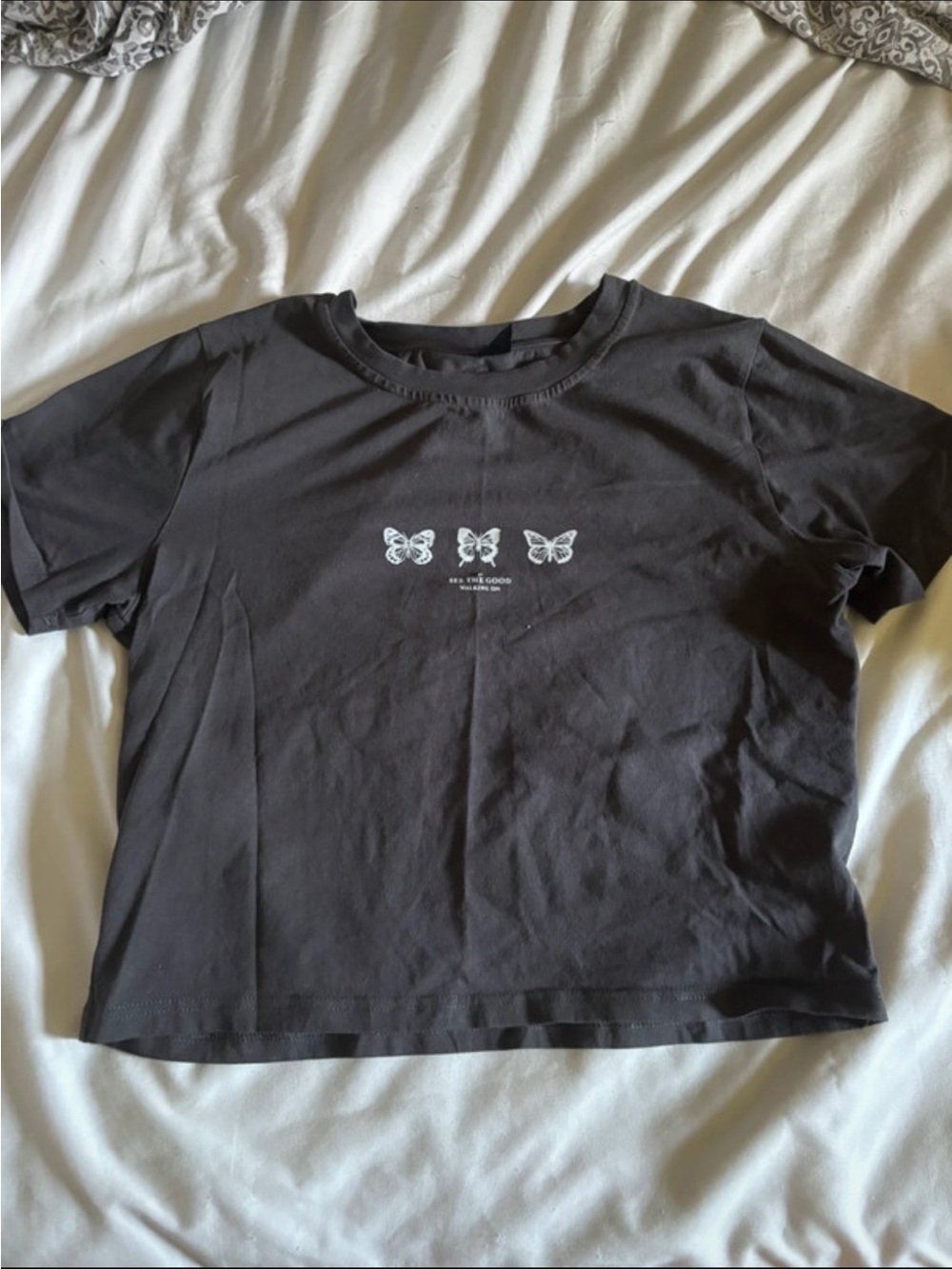 SHEIN Brown Crop Tee with White Butterfly Graphic